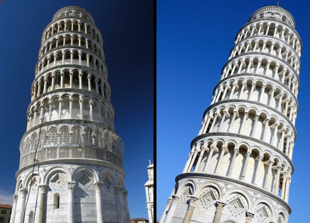 photo pisa without and with a polarizer in use